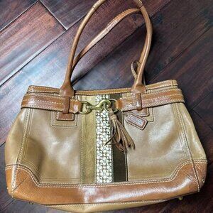 COACH Hamptons Camel Tan Leather Stripe LG Carryall Business Tote